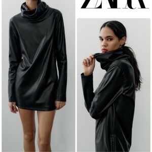 Zara Black Faux Leather Turtle Neck Long Sleeve Long Mini Dress